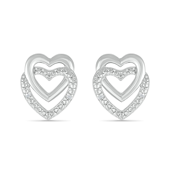 Diamond Accent Open Double Heart Stud Earrings Sterling Silver