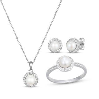 Cultured Pearl & White Lab-Created Sapphire Halo Gift Set Sterling Silver