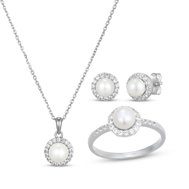 Main Image 1 of Cultured Pearl & White Lab-Created Sapphire Halo Gift Set Sterling Silver