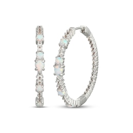 Pear-Shaped and Round-Cut Lab-Created Opal & White Lab-Created Sapphire Hoop Earrings Sterling Silver
