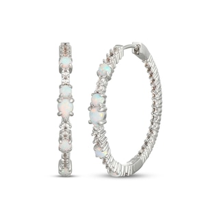 Pear-Shaped and Round-Cut Lab-Created Opal & White Lab-Created Sapphire Hoop Earrings Sterling Silver