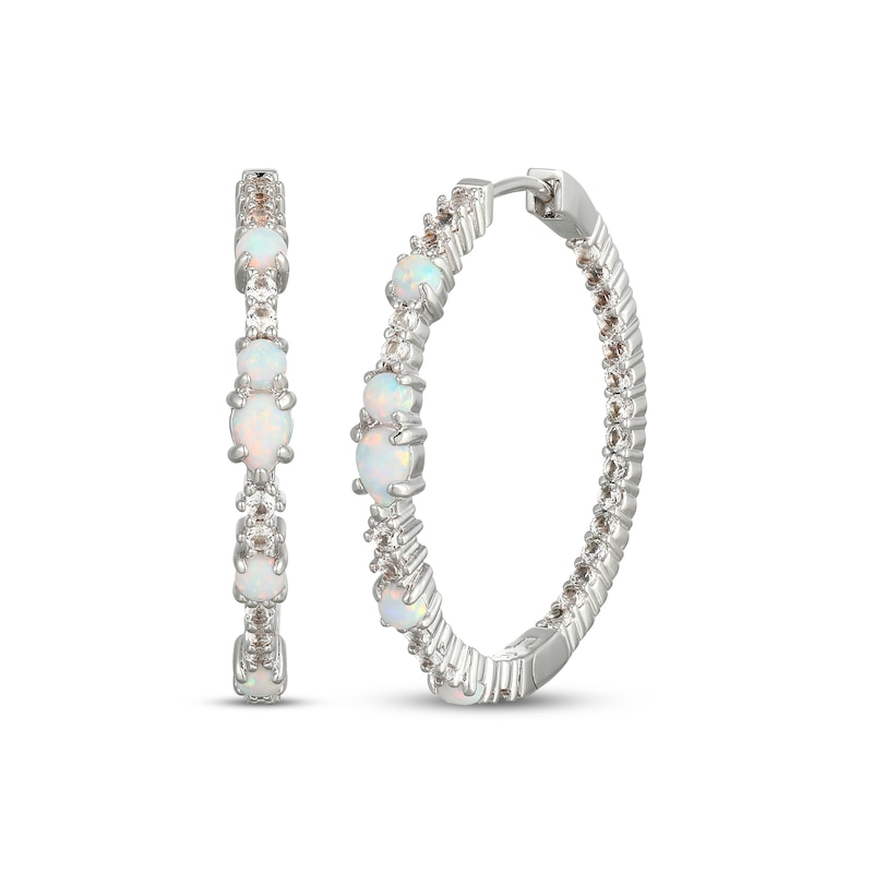 Main Image 1 of Pear-Shaped and Round-Cut Lab-Created Opal & White Lab-Created Sapphire Hoop Earrings Sterling Silver
