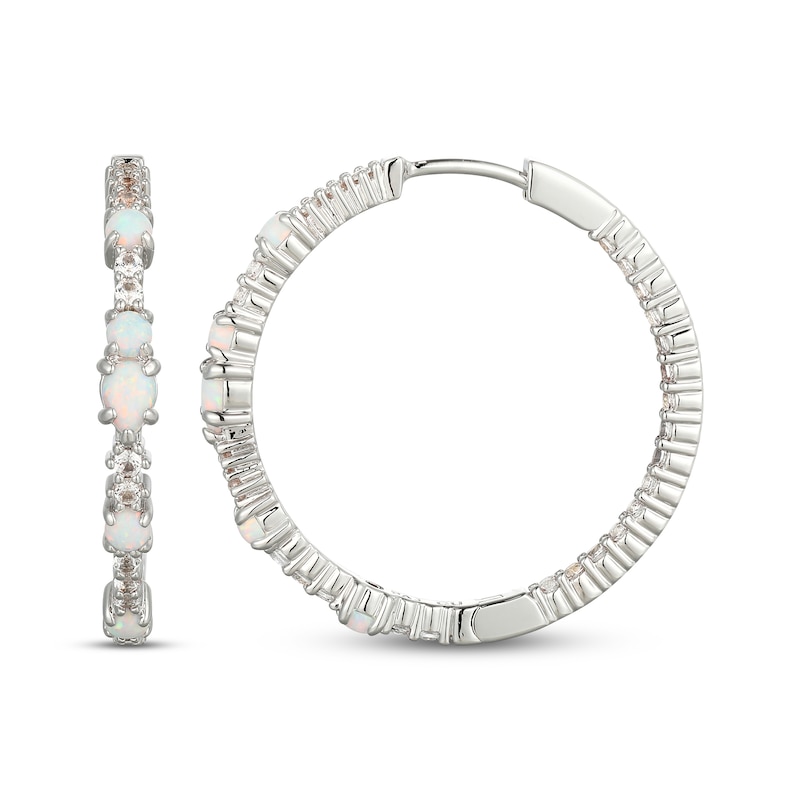 Main Image 3 of Pear-Shaped and Round-Cut Lab-Created Opal & White Lab-Created Sapphire Hoop Earrings Sterling Silver