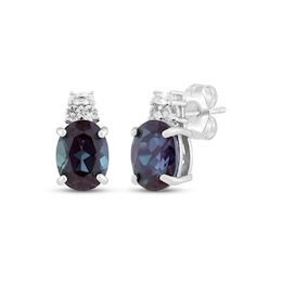 Oval-Cut Lab-Created Alexandrite & White Lab-Created Sapphire Stud Earrings Sterling Silver