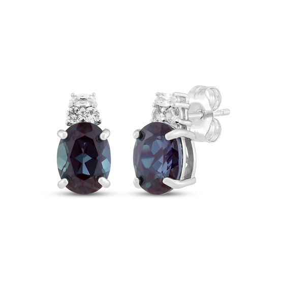 Oval-Cut Lab-Created Alexandrite & White Lab-Created Sapphire Stud Earrings Sterling Silver