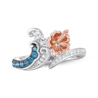 Disney Treasures Lilo & Stitch London Blue Topaz & Lab-Grown Diamond Flower Ring 1/8 ct tw Sterling Silver & 18K Rose Gold Plating