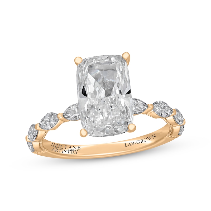 Main Image 1 of Neil Lane Artistry Lab-Grown Diamond Certified Elongated Cushion-Cut Hidden Halo Engagement Ring 3-3/4 ct tw 14K Yellow Gold