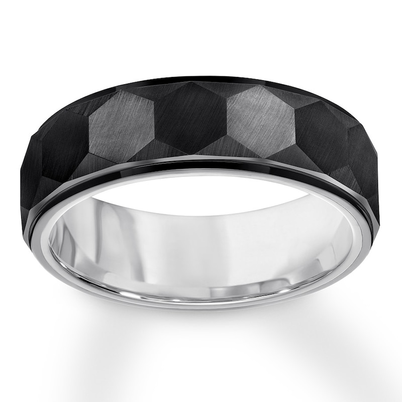 7mm Faceted Wedding Band Black & White Tungsten Carbide