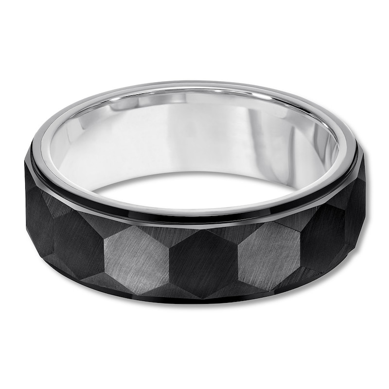 7mm Faceted Wedding Band Black & White Tungsten Carbide