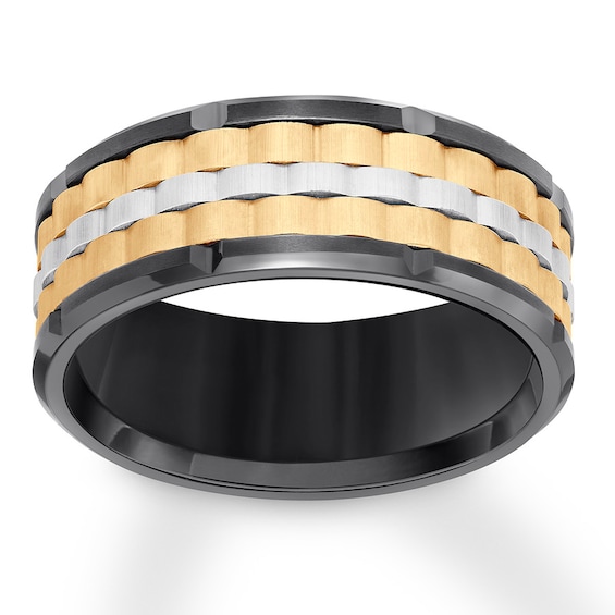 Now + Forever 9mm Wedding Band Black, Yellow & White Tungsten Carbide