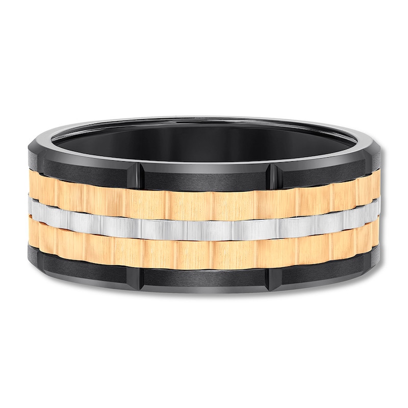 9mm Wedding Band Black, Yellow & White Tungsten Carbide