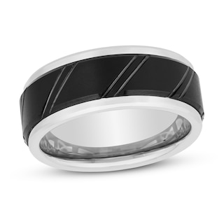 Now + Forever Diagonal Groove Wedding Band Black & White Tungsten Carbide 9mm
