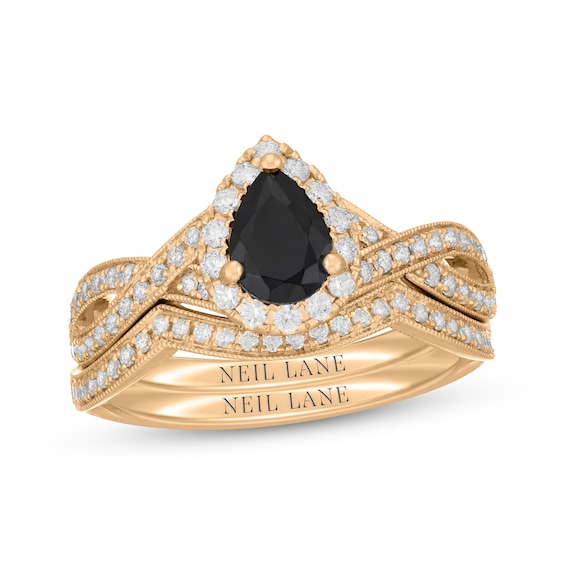 Neil Lane Pear-Shaped Black Diamond & White Diamond Halo Bridal Set 1-1/3 ct tw 14K Yellow Gold