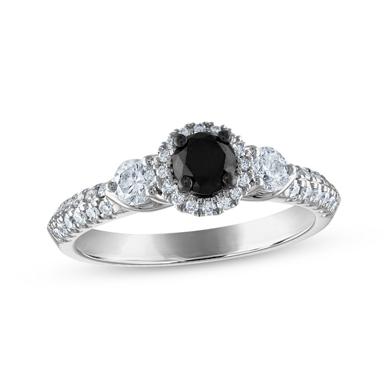 Now + Forever Round-Cut Black & White Diamond Three-Stone Halo Engagement Ring 1 ct tw 14K White Gold