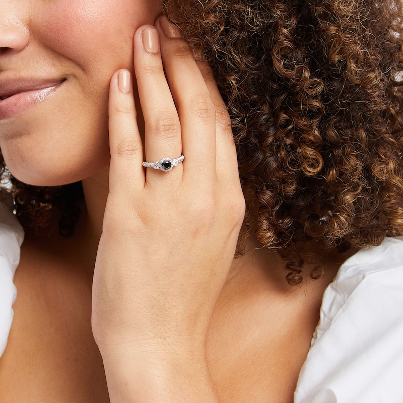 Main Image 4 of Now + Forever Round-Cut Black & White Diamond Three-Stone Halo Engagement Ring 1 ct tw 14K White Gold