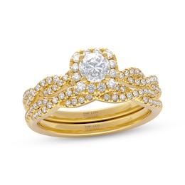 THE LEO Prisma Diamond Round-Cut Cushion Halo Bridal Set 3/4 ct tw 14K Yellow Gold