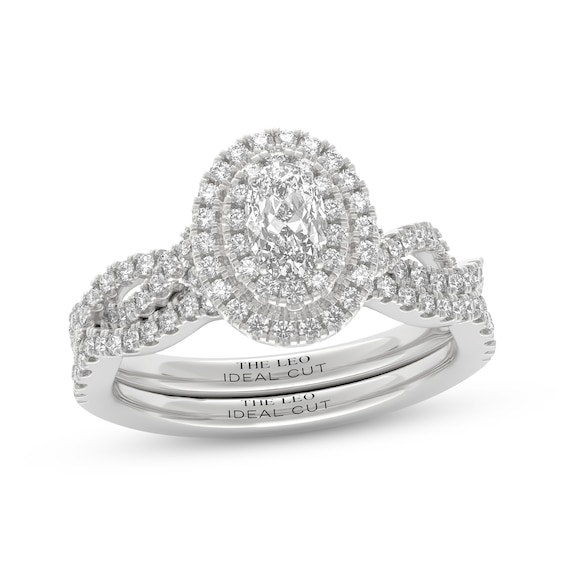 THE LEO Ideal Cut Diamond Oval Halo Bridal Set 7/8 ct tw 14K White Gold