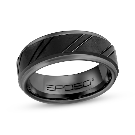 Diagonal Groove Wedding Band Black Tungsten Carbide 8mm