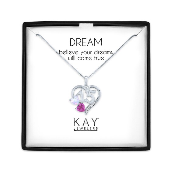 Heart-Shaped Lab-Created Opal, White & Pink Lab-Created Sapphire "15" Heart Necklace Sterling Silver 18"