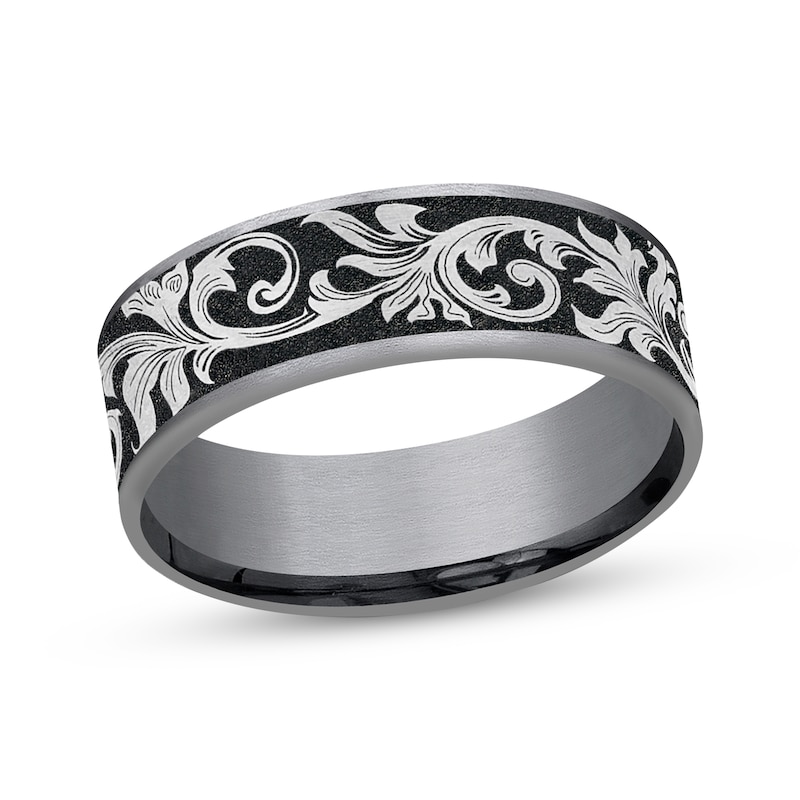 Main Image 1 of Now + Forever Botanical Pattern Wedding Band Gray Tantalum & Titanium 7.5mm
