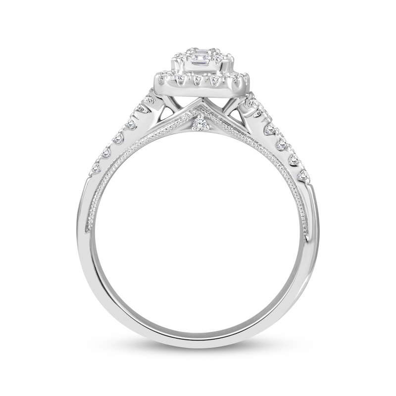 Main Image 3 of Now + Forever Baguette & Round-Cut Multi-Diamond Halo Engagement Ring 1/2 ct tw 14K White Gold