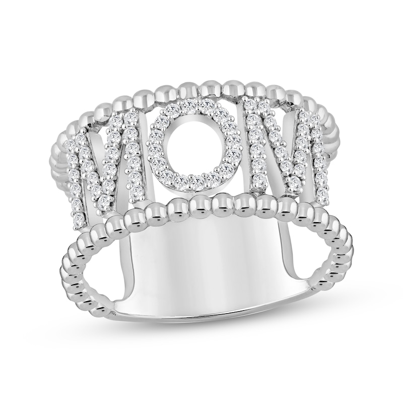 Main Image 1 of Diamond "Mom" Beaded Edge Ring 1/4 ct tw Sterling Silver