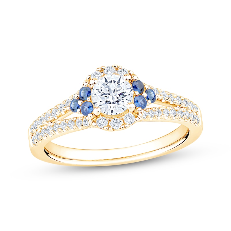 Main Image 1 of Now + Forever Round-Cut Diamond & Natural Blue Sapphire Trios Engagement Ring 3/4 ct tw 14K Yellow Gold