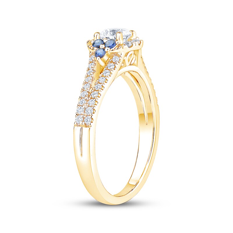 Main Image 2 of Now + Forever Round-Cut Diamond & Natural Blue Sapphire Trios Engagement Ring 3/4 ct tw 14K Yellow Gold