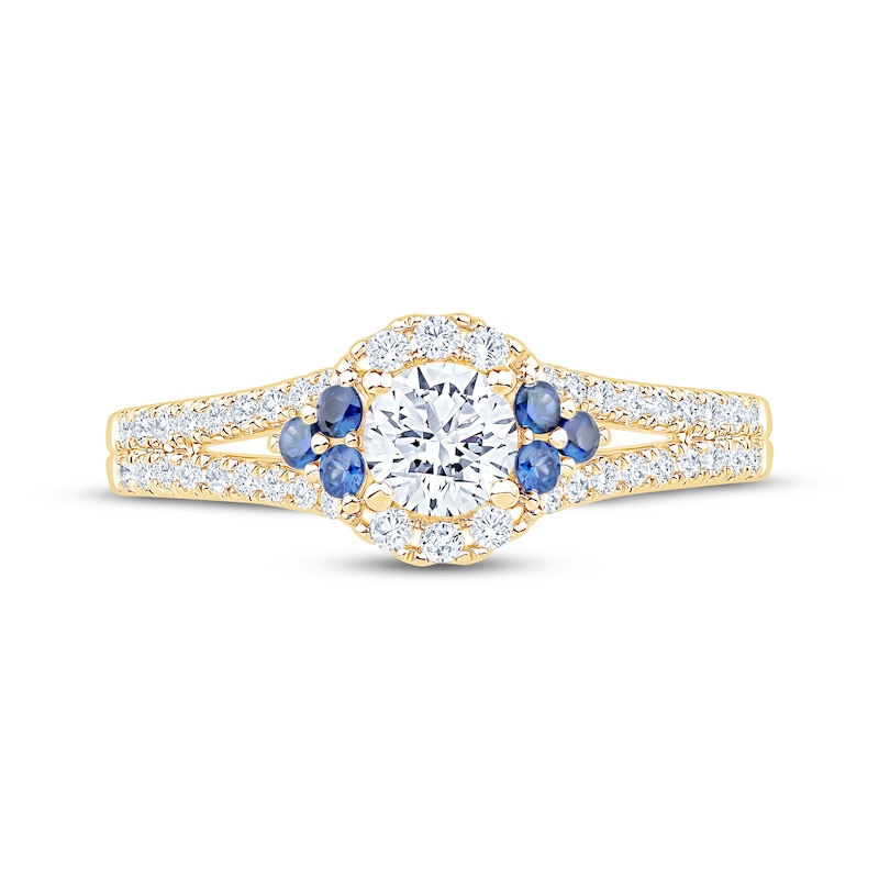 Main Image 3 of Now + Forever Round-Cut Diamond & Natural Blue Sapphire Trios Engagement Ring 3/4 ct tw 14K Yellow Gold