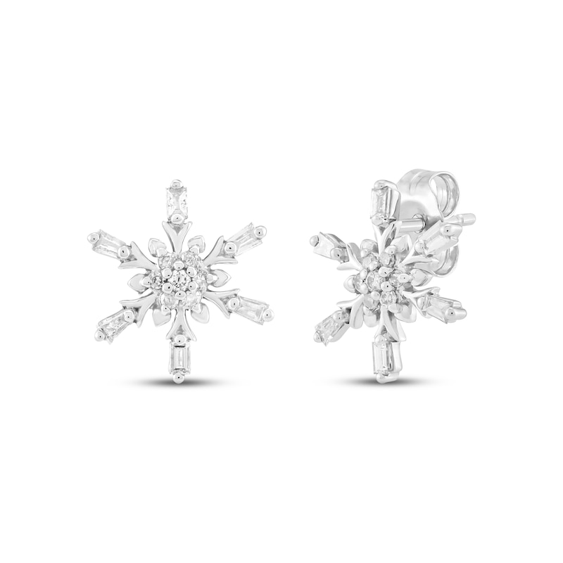 Main Image 1 of Baguette & Round-Cut Diamond Snowflake Stud Earrings 1/4 ct tw 10K White Gold