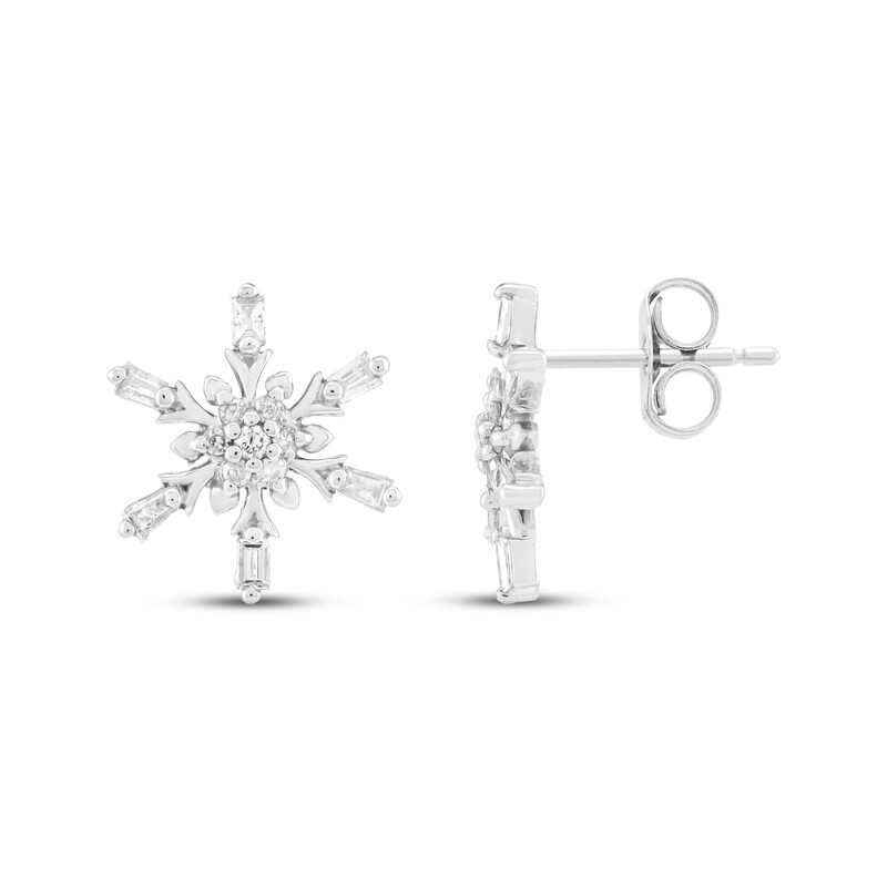 Main Image 3 of Baguette & Round-Cut Diamond Snowflake Stud Earrings 1/4 ct tw 10K White Gold
