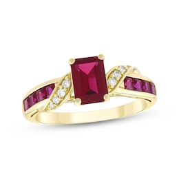 Emerald-Cut Lab-Created Ruby & Diamond Ribbon Ring 1/20 ct tw 10K Yellow Gold