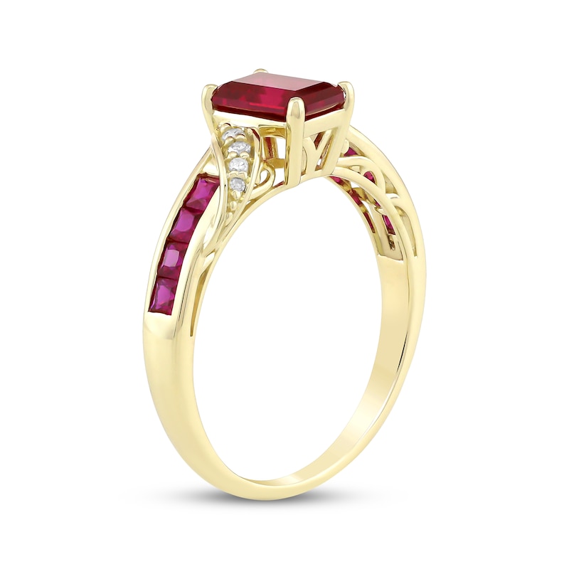 Main Image 2 of Emerald-Cut Lab-Created Ruby & Diamond Ribbon Ring 1/20 ct tw 10K Yellow Gold