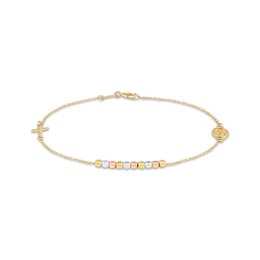 Children's Cross & Virgin Mary Charm Beaded Bracelet 14K Tri-Tone Gold 6"