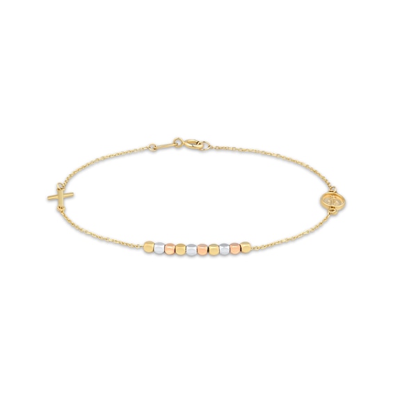 Children's Cross & Virgin Mary Charm Beaded Bracelet 14K Tri-Tone Gold 6"