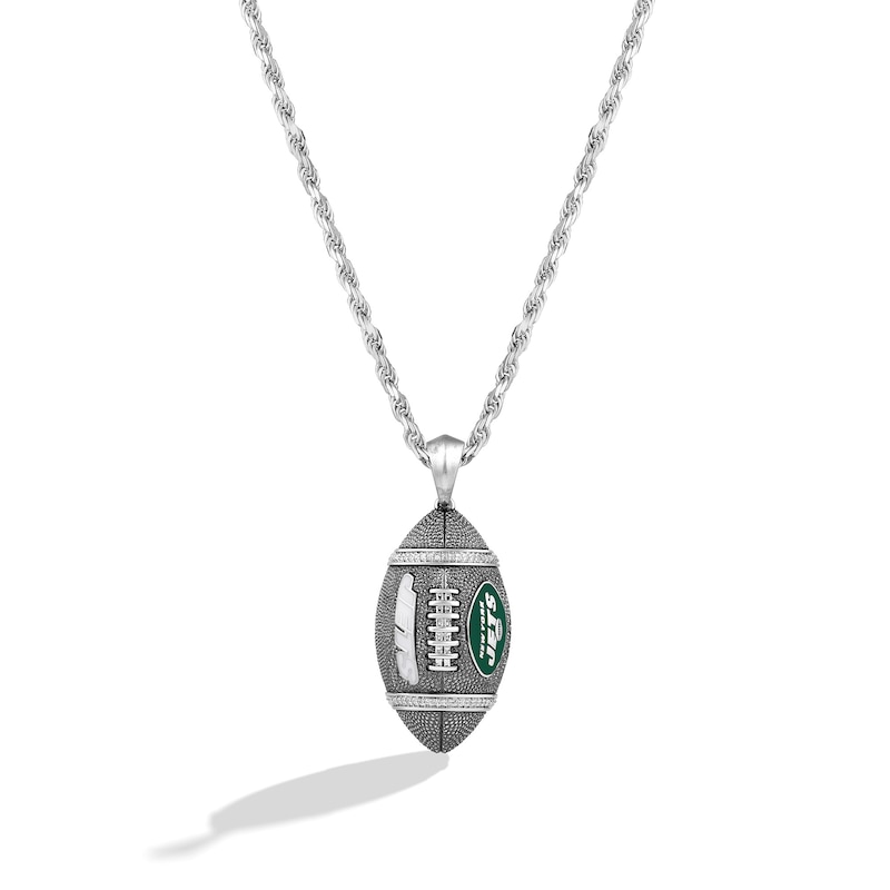 Main Image 1 of True Fans New York Jets 1/20 CT. T.W. Diamond Vertical Football Necklace in Sterling Silver