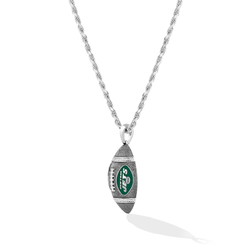 Main Image 3 of True Fans New York Jets 1/20 CT. T.W. Diamond Vertical Football Necklace in Sterling Silver