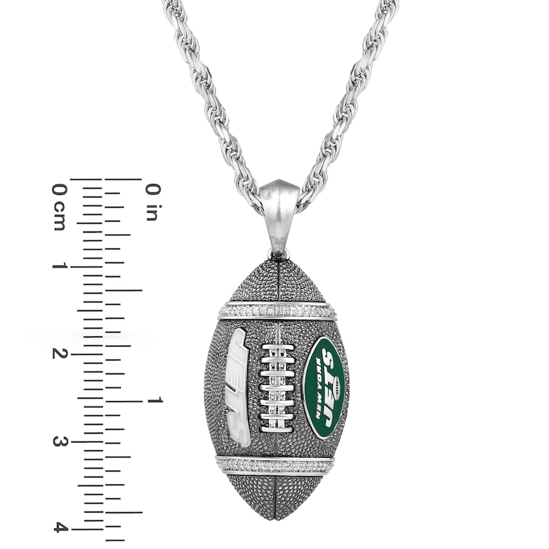 Main Image 4 of True Fans New York Jets 1/20 CT. T.W. Diamond Vertical Football Necklace in Sterling Silver