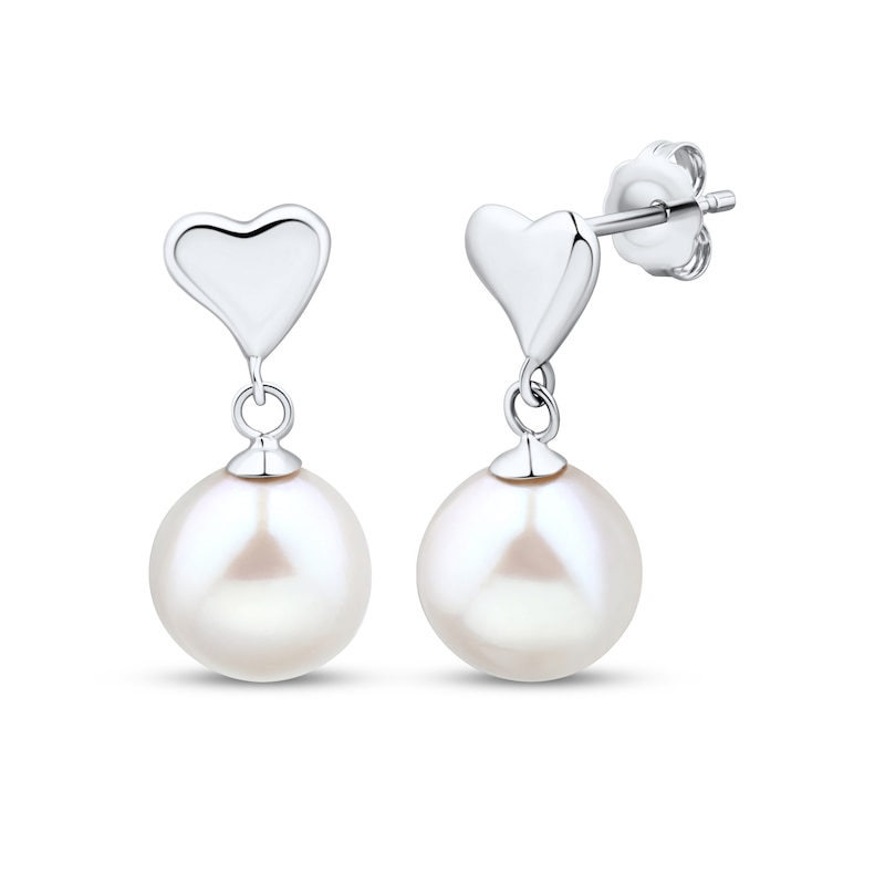 Main Image 1 of Cultured Pearl Dangle Heart Earrings Sterling Silver