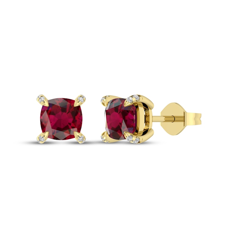 Main Image 1 of Cushion-Cut Lab-Created Ruby & Diamond Accent Stud Earrings 10K Yellow Gold