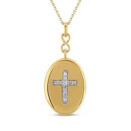 Diamond Oval Cross Locket Necklace 1/10 ct tw 10K Yellow Gold 18"