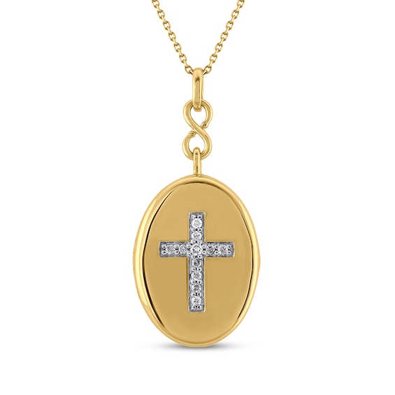 Diamond Oval Cross Locket Necklace 1/10 ct tw 10K Yellow Gold 18"