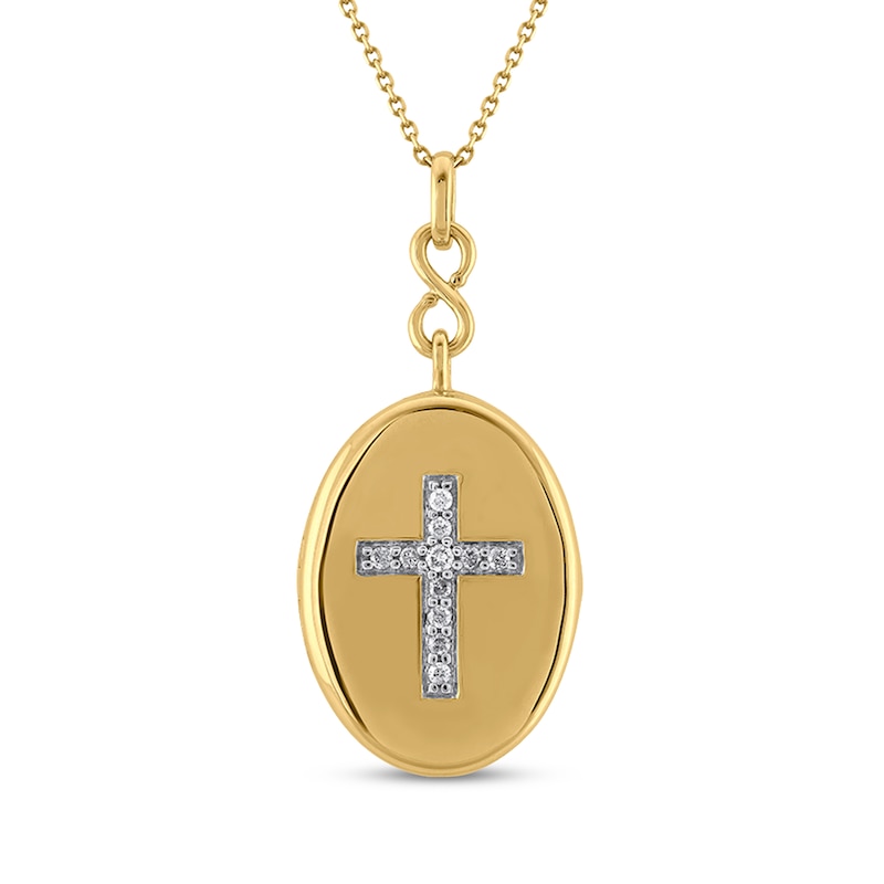 Main Image 1 of Diamond Oval Cross Locket Necklace 1/10 ct tw 10K Yellow Gold 18"