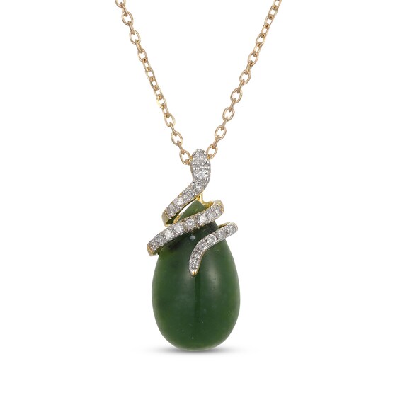 Pear-Shaped Nephrite Jade & Diamond Snake Necklace 1/10 ct tw 14K Yellow Gold 18"