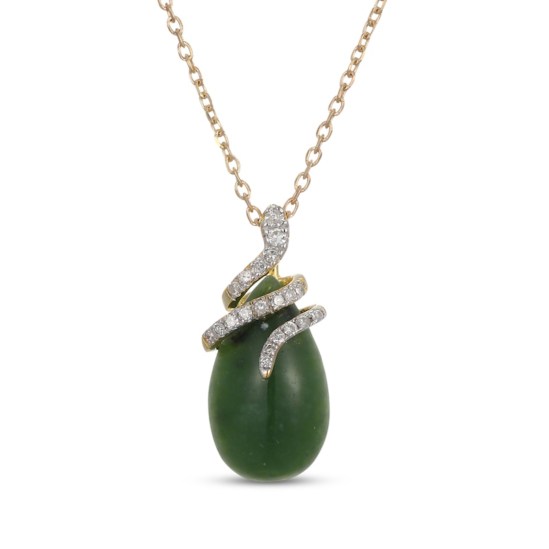 Main Image 1 of Pear-Shaped Nephrite Jade & Diamond Snake Necklace 1/15 ct tw 14K Yellow Gold 18"