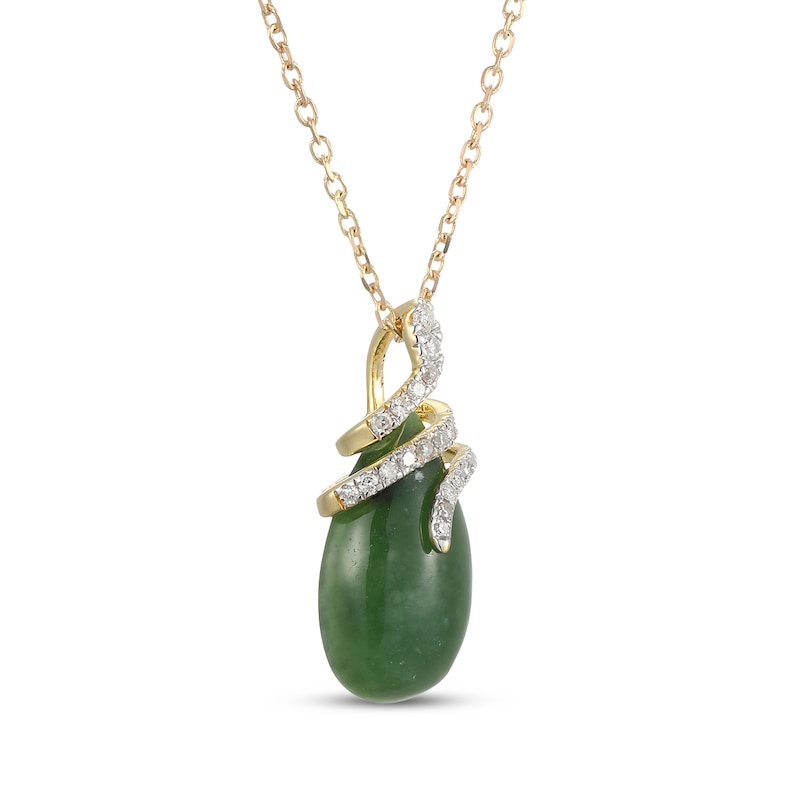 Main Image 2 of Pear-Shaped Nephrite Jade & Diamond Snake Necklace 1/15 ct tw 14K Yellow Gold 18"