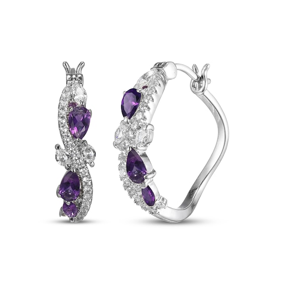 Multi-Shape Amethyst & White Lab-Created Sapphire Swirl Hoop Earrings Sterling Silver