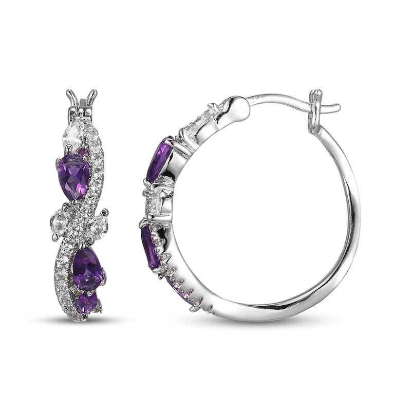Main Image 3 of Multi-Shape Amethyst & White Lab-Created Sapphire Swirl Hoop Earrings Sterling Silver