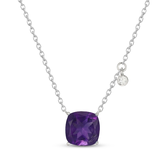 Cushion-Cut Amethyst & White Lab-Created Sapphire Solitaire Hidden Halo Necklace Sterling Silver 18"