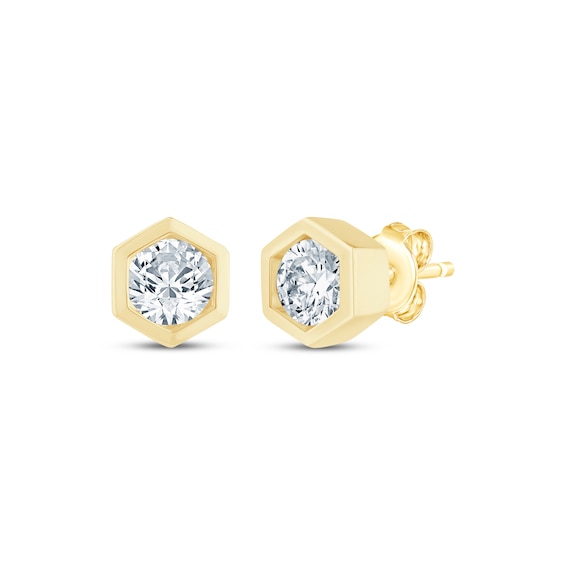 STUDIO BY KAY Round-Cut Lab-Grown Diamond Solitaire Hexagon Frame Stud Earrings 1/ ct tw 24K Yellow Gold Vermeil Sterling Silver (F/SI2